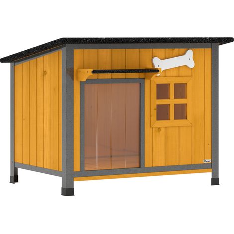 Cuccia per Cani da Esterno in Legno e Acciaio Anti-Morso, Tetto Apribile e Tenda per Porta, Giallo