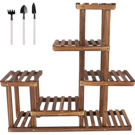 Étagère à plantes en bois multi-niveaux pour balcon et jardin, présentoir à fleurs avec rangement décoratif.