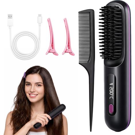 Brosse Lissante Sans Fil, Brosse Chauffante Cheveux Court Peigne Chauffant Rechargeable Portable avec Affichage LED, 3 Réglages de Température, 160-200℃, Chauffage Céramique Rapide (1/5)