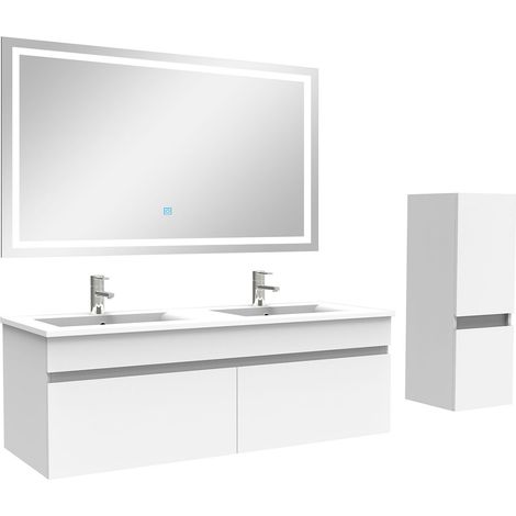 Aica Ensemble de meuble Salle de Bain 120cm Blanc + vasque + miroir lumineux + colonne (1/5)