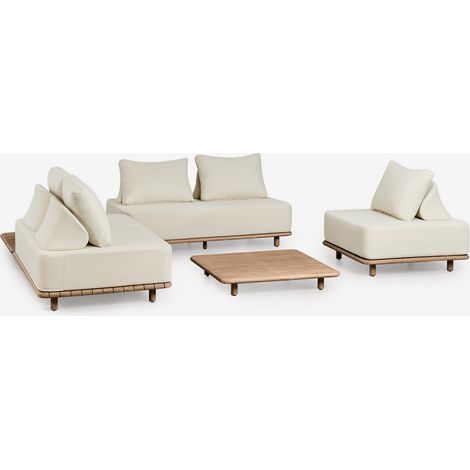 Ensemble de jardin avec canapé d'angle modulaire 2 pièces, table d'appoint, fauteuil et table basse 95x95 cm en acacia Portet SKLUM (1/5)