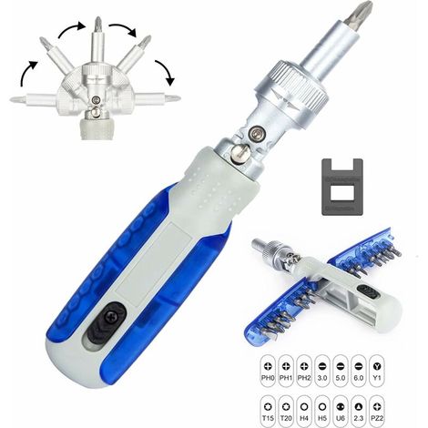 1pcs Tournevis, jeu de tournevis, 180 ° tournevis à cliquet magnétique rotatif, le jeu 14 en 1 peut être utilisé pour les travaux de réparation sur les, les appareils électroménagers,les meubles(bleu) (1/5)