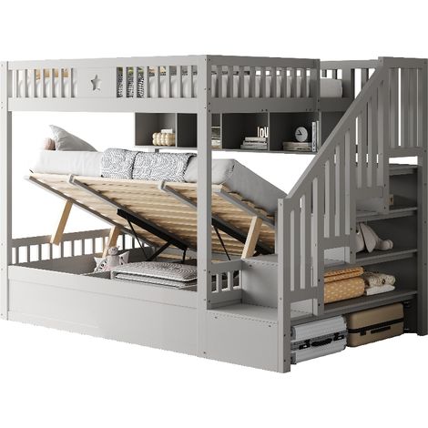 Holzbett 140x200 cm Etagenbett mit Stauraumtreppe, hydraulischem Unterbett und Regalen, platzsparendes Jugendbett aus Massivholz, Grau (1/5)