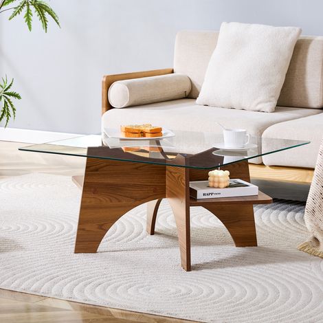 Table d'appoint carrée en verre trempé (80 cm de côté), pieds MDF teinte noyer. Parfaite pour salon, salle à manger, bureau ou espace de vie moderne. (1/5)