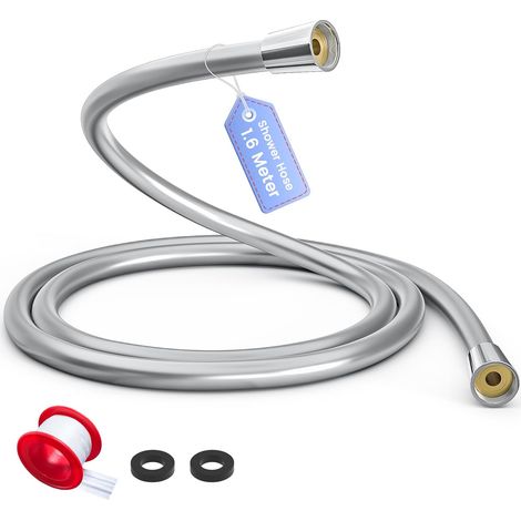 Shower Hose 1.6 m Smooth PVC with G1/2 Waterproof Connector High Flow Shower Hose Anti-Kink Explosion-Proof High Pressure Resistant Bathroom Shower Hose Silver (1/5)