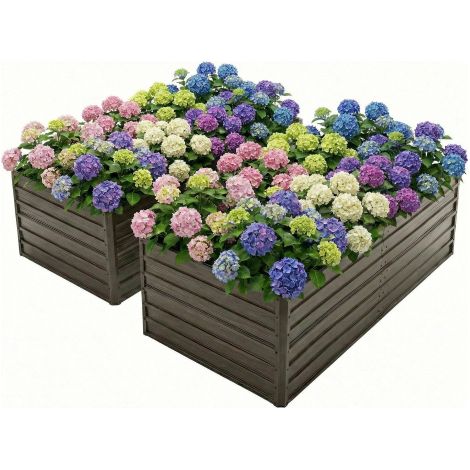 Lot de 2 carrés potagers surélevés de jardin en métal 219x112x64 cm fond ouvert, effet bois, antirouille, pour légumes, fleurs et herbes