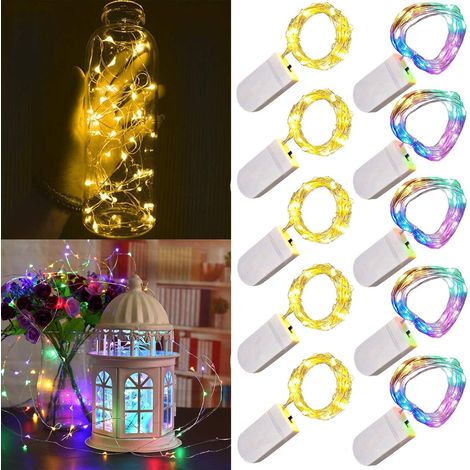 Lot de 10 guirlandes lumineuses LED à piles 1m 10 LED fil d'argent multicolore et blanc chaud étanche étoile bouteille guirlande lumineuse pour Noël fête de mariage chambre décoration intérieure
