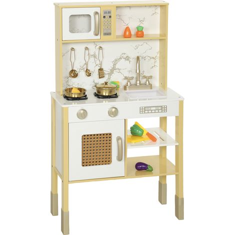 Cuisine jouet bois en avec son et accessoires en acier inoxydable, légumes dorés à coupe (1/5)