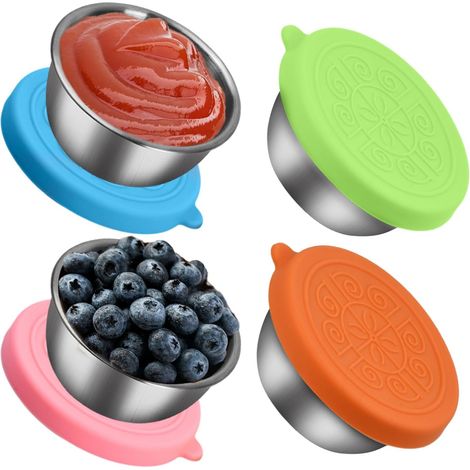 Sollbry 4 Pièces 40ml Récipient Vinaigrette avec Couvercles en Silicone, 4pcs Petit Récipient à Sauce en Acier Inoxydable Réutilisables Récipient à Vinaigrette Sauce Salade Boîte Alimentaire Dressing (1/5)