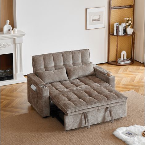 Sofá cama 3 en 1 142x89x89 cm de chenilla marrón con almacenaje - MEUBLIV (1/5)