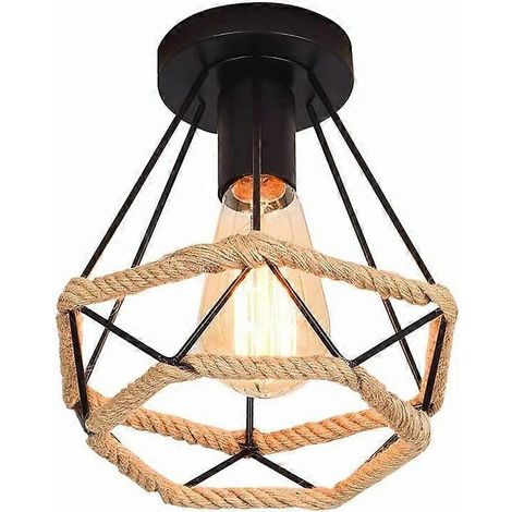 Suspension en métal style industriel rétro vintage avec structure en losange et corde en chanvre, lustre en fer noir (1/4)