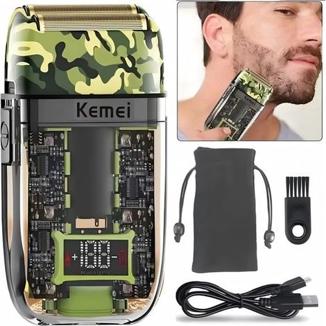 HOXILEELEORasoir électrique pour homme, rechargeable par USB, lames en titane transparent (camouflage) (1/5)