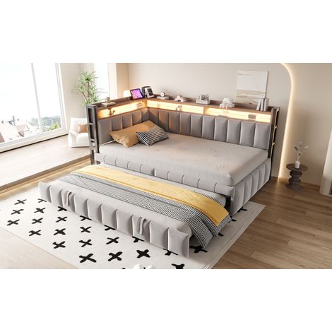Divano letto 90x200 cm grigio velluto con LED, USB e vano portaoggetti (1/5)