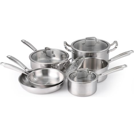 Batterie de cuisine haut de gamme 3 couches inox - Répartition uniforme de la chaleur - Compatible induction, sans PFOA, incluant poêles, casseroles, sauteuse, faitout avec couvercles - Set de 10 pièc (1/5)
