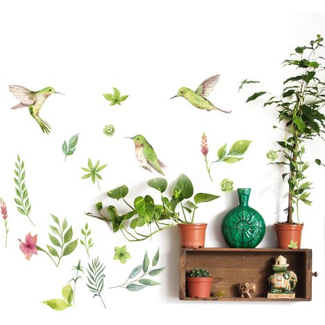 Sticker décoratif, oiseaux colibris entourés de feuilles et fleurs façon aquarelle, 68 cm X 48 cm (1/5)