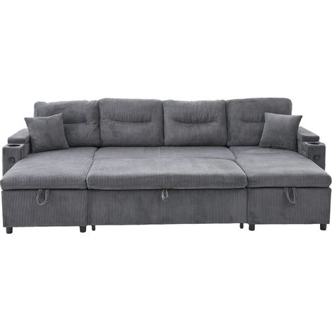 Divano letto angolare 4 posti in ciniglia con doppia chaise longue, portaoggetti e USB MODENUIT (1/5)