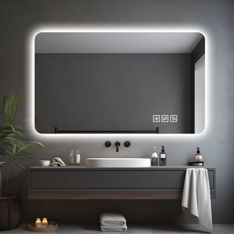 Miroir de salle de bain LED 60 x 100 cm, dimmable en trois couleurs, rétroéclairé, avec fonction démographique en une seule touche