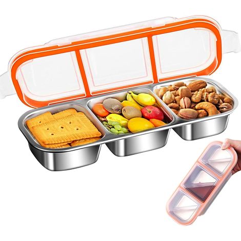 Ciotole per snack in acciaio inox per bambini, ciotole in metallo con 3 scomparti e coperchi, contenitori per alimenti compartimentati per viaggi e scuola, a prova di perdite, set da 1