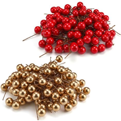200 Pièces Baies Artificielles, 15mm Faux Fruits Décoratifs, pour Noël Decoration, Décoration Vacances, Support pour Sapin de Noël Artificiel (Rouge et Or) (1/5)