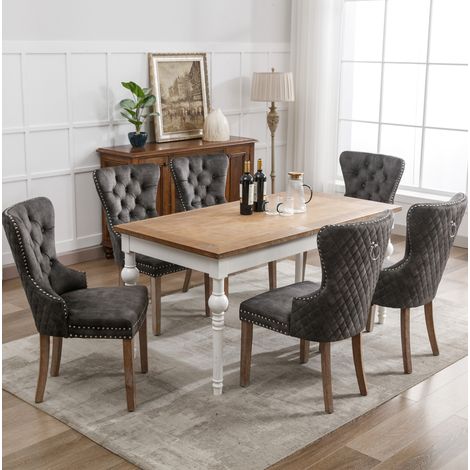 Silla de comedor de terciopelo gris, patas de madera, lote de 6 DESVIAE (1/5)