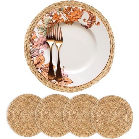 Ensemble de 4 sets de table ronds en paille tressée, napperon isolant, décoration de table, 35,5 cm de diamètre, pour la table à manger, la maison, H (1/5)