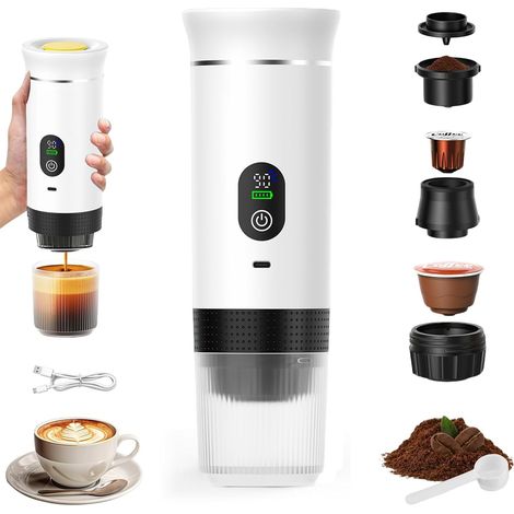 Cafetière Portable 3 en 1,Rechargeable Cafetière Portable de Voyage,12V Expresso Machine a Cafe pour Capsule,Café Moulu,pour Camping,Voyage,Bureau,Voiture,Maison - Blanc (1/5)