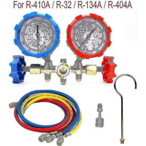 Manomètre pour réfrigérants R410a, R32, R404a et R134a kit de climatisation avec outils, tuyau et crochet inclus (édition 0618). (1/4)