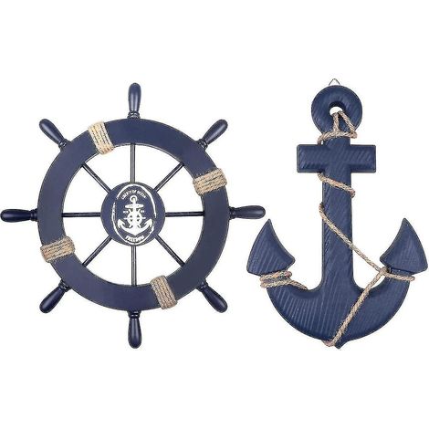 Lot de 2 roues de bateau en bois de 28 cm et ancre en bois de 33 cm avec corde - Décoration murale/ornement à suspendre à une porte - (1/5)