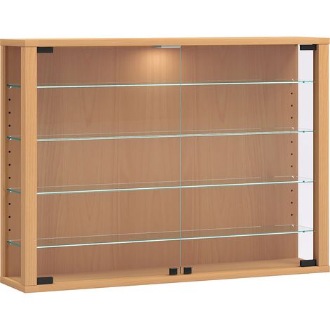 Ebuy24 – Vitrine murale en verre de sécurité ESG – Cadre en bois – Dimensions H. 60 x L. 83 x P. 18 cm – Quatre étagères réglables – Éclairage LED disponible