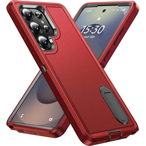 (Rouge/Noir, Galaxy S25) Coque de protection robuste et durable de qualité militaire, antichoc et mate, avec support (1/5)
