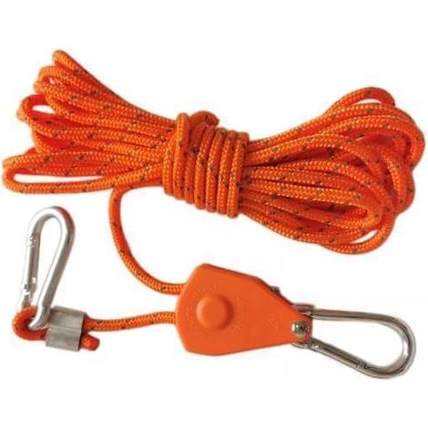 Corde à linge extérieure réglable 2 m avec poulie et mousquetons, tendeur métallique, orange, pour camping et tente (1/5)