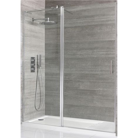 Milano Portland Chrome Walk In Wet Room Hinged Door Shower Enclosure and White Tray with Drying Area and Fast Flow Waste - 1400mm x 900mm (1/5)