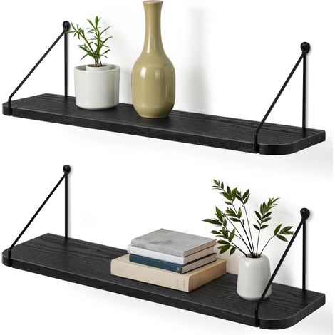 Étagères Murales Décoratives en Bois Noir, Longueur 60 cm, Lot de 2 Équerres métalliques noires, pour livres, plantes, cadres photo et décoration, salon, chambre, cuisine et salle de bain (1/5)