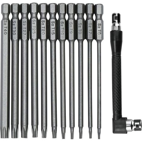 Lot de 11 tournevis Torx de sécurité 75 mm à tige hexagonale 6,35 mm T6 T7 T8 T9 T10 T15 T20 T25 T27 T30 T40 avec porte-embout de tournevis d'angle en L (1/5)