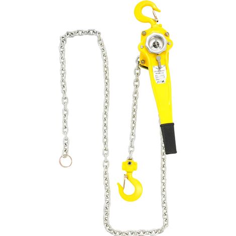 Palan à chaîne 1,5 tonne Palan à poulie et cliquet en acier, hauteur de levage 3 m, palan à levier manuel, robuste, à bras, pour le bâtiment, les entrepôts et les usines automobiles, jaune (1/5)