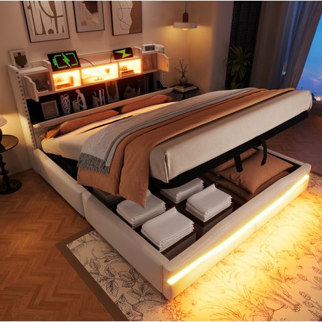 Bett modern 160x200 cm beige aus Leinen mit Kopfteil-Stauraum, USB/Type-C, LED und hydraulischem Bettkasten (1/5)