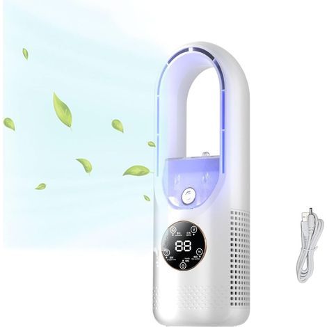 Ventilateur de table sans pales avec humidificateur, petit ventilateur brumisateur personnel, 6 vitesses, ventilateur de chevet silencieux avec minuterie et lumière LED.-Karteo (1/5)