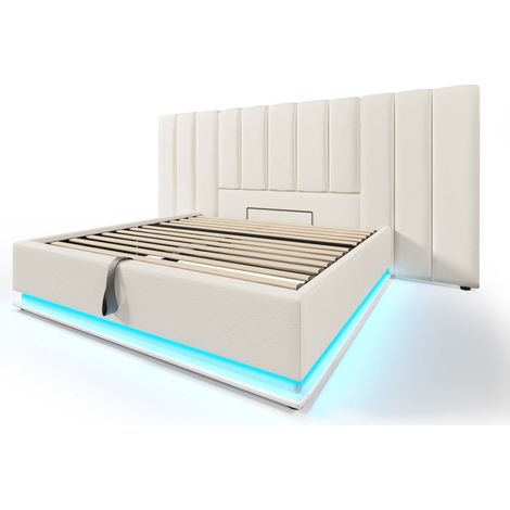 Lit coffre 160x200 cm blanc avec LED App, USB-C, cadre à lattes, PU (1/5)