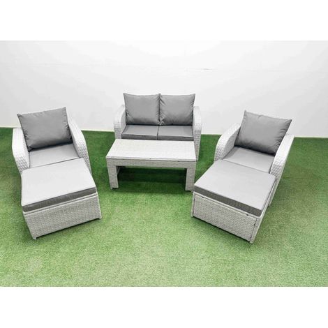 Fimous Light Grey PE Wicker Rattan Garden Furniture Set Sofa Set Reclining Adjustable Chair Oblong Coffee Table 6 Seater 2 Big Stools (1/4)