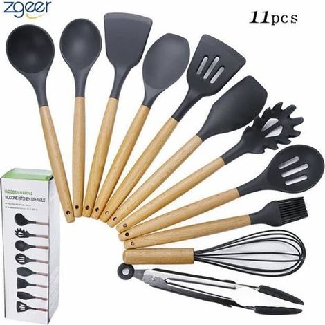 Ustensile de cuisine Silicone manche en bois cuisine set de 11 outils de la spatule antiadhésive (1/4)