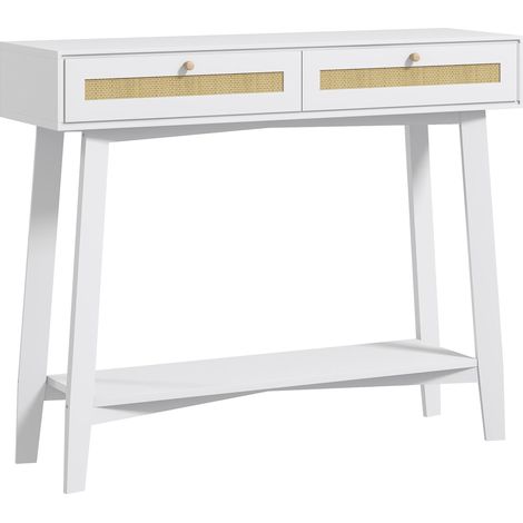 Console d'entrée avec 2 tiroirs, design rotin et étagère ouverte, 100 x 30 x 81 cm, blanche (1/5)