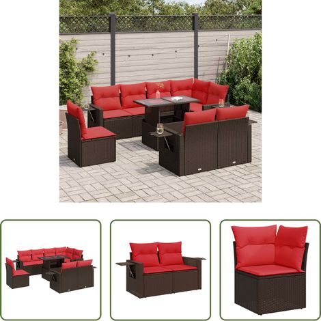 Gartentisch - 9-tlg. Garten-Sofagarnitur mit Kissen Braun Poly Rattan Akazie (1/5)