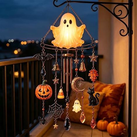 Carillon de vent fantomatique lumineux, décoration extérieure Halloween avec LED, chauve-souris citrouille lune chat pour jardin suspendu, pour porche et fête dans la cour (1/5)