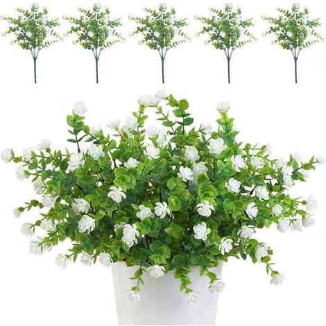 Lot de 5 bouquets de fleurs artificielles blanches résistantes aux UV et de plantes vertes pour la décoration extérieure, intérieure, balcons, jardins, bureaux, mariages et fêtes.