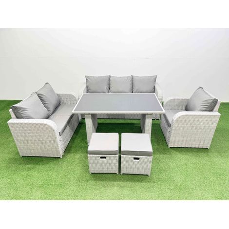 Fimous Rattan Outdoor Table Reclining Chair Sofa Set with 2 Small Stools Light Grey 8 Seater (1/4)