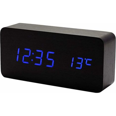 Wooden Digital Clock - Multifunction LED Alarm Clock with Time/Date/Temperature Display and Voice Control-BlackBlue (1/5)
