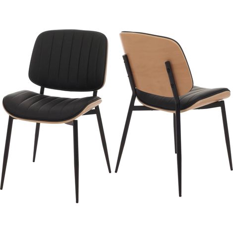 Lot de 2 chaises de salle à manger en bois courbé finition clair et simili cuir noir avec surpiqûres verticales décoratives design moderne et élégant 040009477