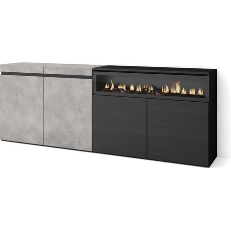 Skraut Home - Buffet salon et cuisine, Meuble de Rangement, Commode, 200x75x35cm, 4 Portes, Cheminée électrique, Style moderne, Gris Ciment (1/5)