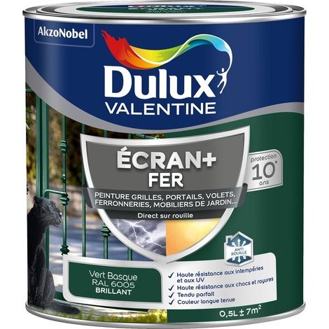 ECRAN+ FER BRILLANT - Peinture pour fer intérieur/extérieur - Grilles, portails, volets, ferroneries, mobiliers de jardin - Vert Basque 0,5 L - Dulux Valentine