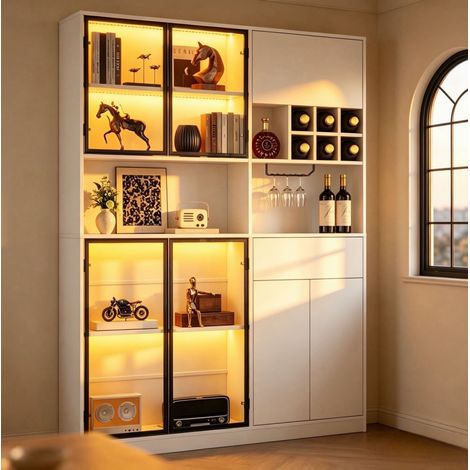 Vitrine mit LED 140 x 30 x 200 cm, 7 Türen, Sicherheitsglas, Weinregal, Weiß OKWISH (1/5)